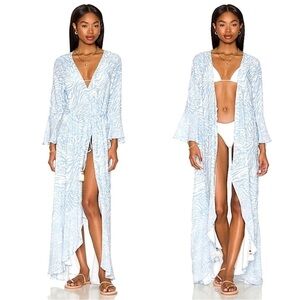 Maaji White Blue Animal Tiger Print Long Sleeve Maxi Kimono Dress Coverup